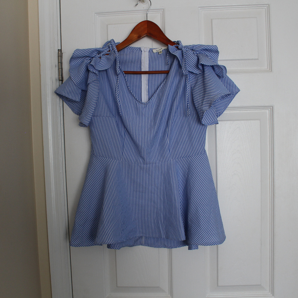 Stiped Panel Peplum Ruffle Sleeve V Neck Top